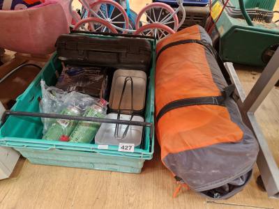 BOX OF CAMPING ITEMS + TENT
