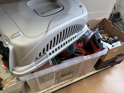 BOX LOT OF TOOLS ETC. + PET CARRIER