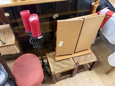 2 X STOOLS + CANDLESTICKS + MIRROR 