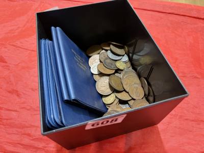 BOX OF COINS + COIN ALBUMS