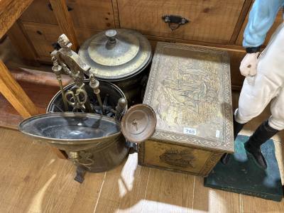 BRASS LOG BOX, BUCKETS  + IRONS