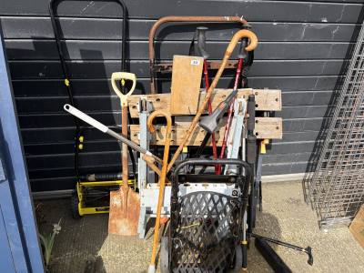 LOT OF TOOLS, TABLES + TROLLEYS + TOW BAR