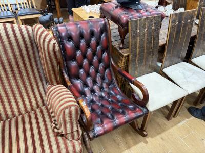 LEATHER BUTTON BACK ROCKING CHAIR + STOOL