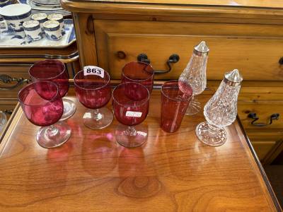 LOT OF RUBY GLASS + 2 X WATERFORD SALT DISPENSERS