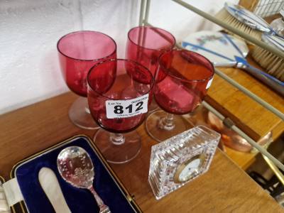 4 X RUBY GLASSES+ WATERFORD CLOCK