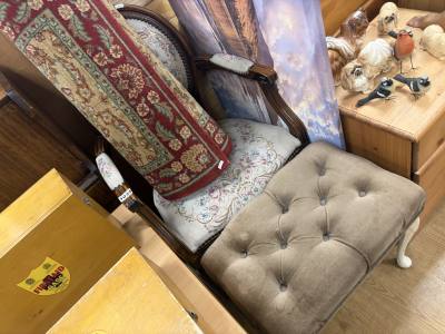 TAPESTRY ELBOW CHAIR + STOOL + PICTURE