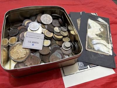 LOT OF COINS + STAMPS + NOTES