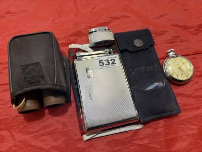 CIGARETTE CASE, LIGHTER, WATCH + BINOCULARS ETC
