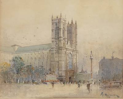 J. TIM MACDONALD WATERCOLOUR UNDER GLASS "WESTMINSTER ABBEY" (38X33)