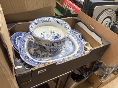 BOX OF BLUE + WHITE CHINA 