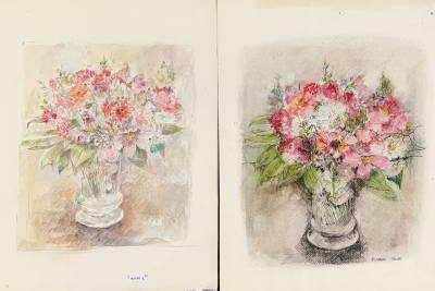 2 X ELIZABETH TAGGART STILL LIFES PEN + INK WASH UNFRAMED (28X22)