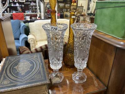 2 X AMBER GLASS GENIE BOTTLES + PAIR CRYSTAL VASES