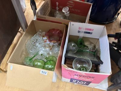 2 X BOXES OF GLASS, BOX OF PICTURES + FIRESCREEN