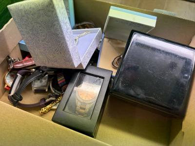 BOX OF WATCHES + DRESS JEWELLERY 