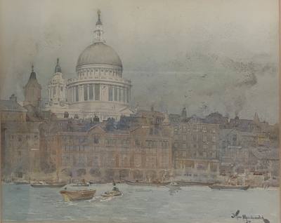 J. TIM MACDONALD WATERCOLOUR UNDER GLASS "ST PAUL'S CATHEDRAL" (38X33) (NEEDS GLASS)