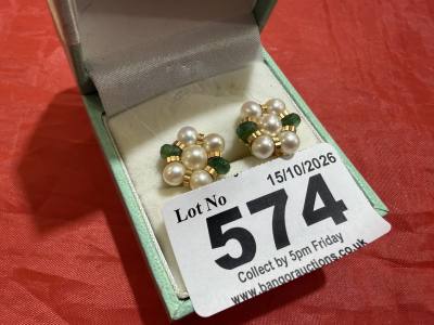 22CT GOLD PEARL + EMERALD EARRINGS