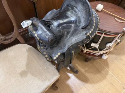 ANTIQUE HORSE SADDLE STAND + SADDLE