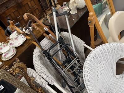 LOT OF WALKING STICKS + TROLLEY