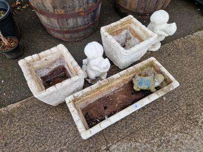 3 X STONE PLANTERS + 2 STONE SQUIRRELS 