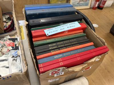 BOX OF STAMPS + ALBUMS