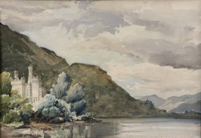 DONALD MCPHERSON WATERCOLOUR "CASTLE OVER LAKE" (36X52)