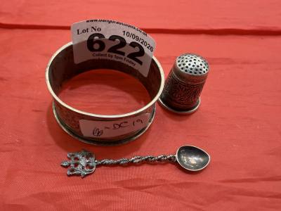 SILVER NAPKIN RING + THIMBLE + SPOON (19.5G)
