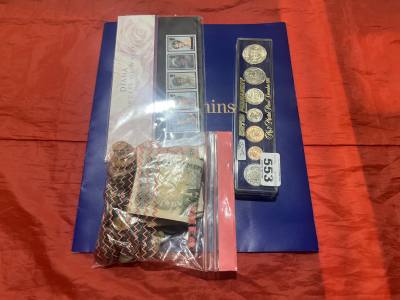 LOT OF COINS, NOTES + STAMPS