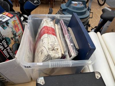 BOX OF CURTAINS + PLATES ETC