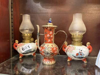CHINESE TEAPOT + 2 X MINIATURE OIL LAMPS