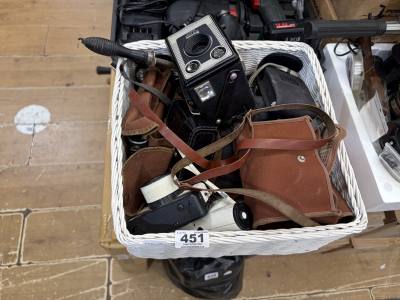 BASKET OF VINTAGE CAMERAS