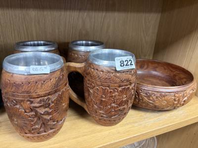 PEWTER + CARVED BOWL + TANKARDS