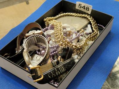 BOX OF DRESS JEWELLERY + WATCHES