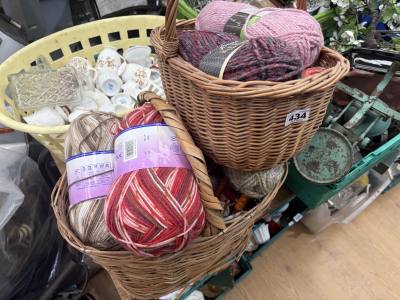 2 X BASKETS OF WOOL + SEWING ACCESSORIES