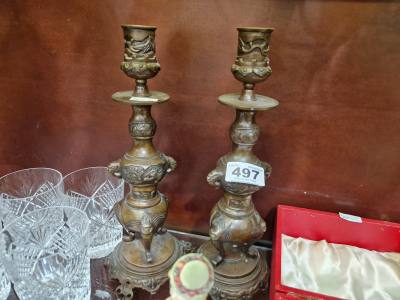 PAIR OF ORIENTAL BRONZE CANDLESTICKS