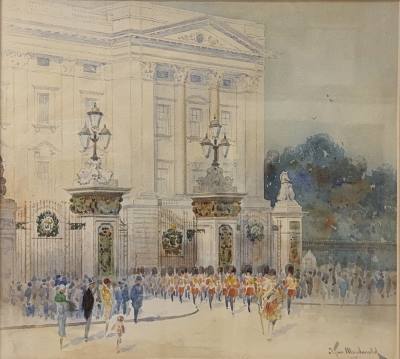J. TIM MACDONALD WATERCOLOUR UNDER GLASS "BUCKINGHAM PALACE" (38X33)