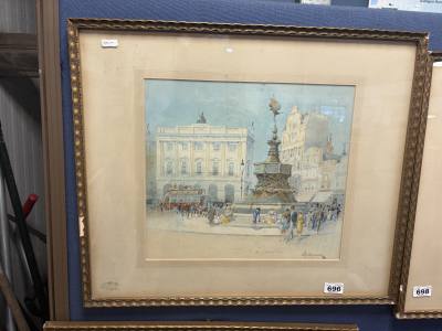 J.TIM MACDONALD WATERCOLOUR UNDER GLASS "PICCADILLY CIRCUS" (38X33)