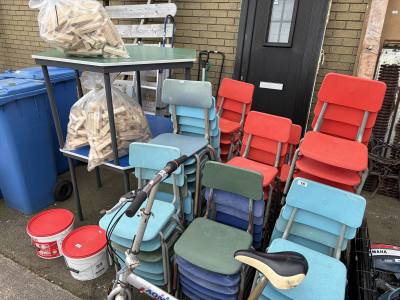 LOT OF SCHOOL CHAIRS + DESKS