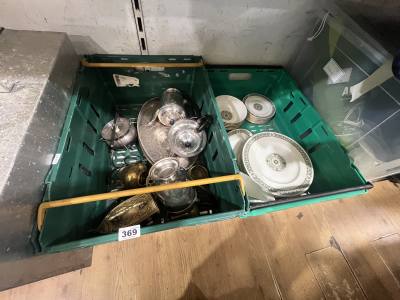 BOX OF SILVERPLATE + BRASS