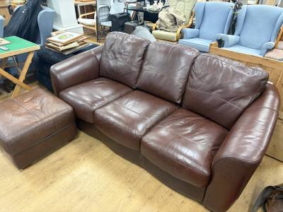 BROWN LEATHER 3 SEATER  COUCH + STOOL