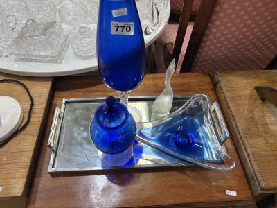 LOT OF BLUE GLASS + TRAY