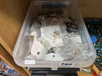 BOX OF DRESS JEWELLERY + BADGES ETC
