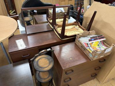MAHOGANY DRESSING TABLE + STOOL + CHEST