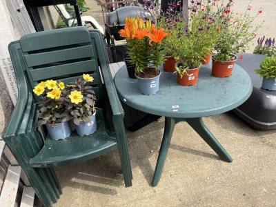 PLASTIC TABLE + 4 X CHAIRS + PARASOLE
