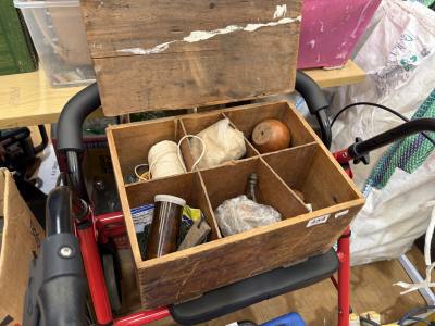 BOX OF WOODEN HANDLES + SCREWS ETC