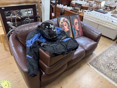 BROWN LEATHER 3 SEATER COUCH + STOOL