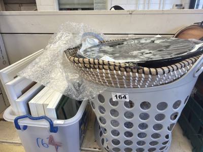 BOX OF PICTURE FRAMES + BASKET ETC.