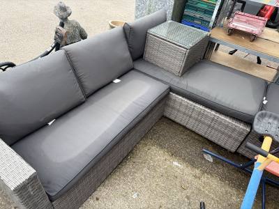 RATTAN CORNER COUCH + GLASS TOPPED SMALL TABLE