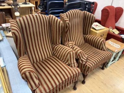 PAIR OF FABRIC WING BACK CHAIRS