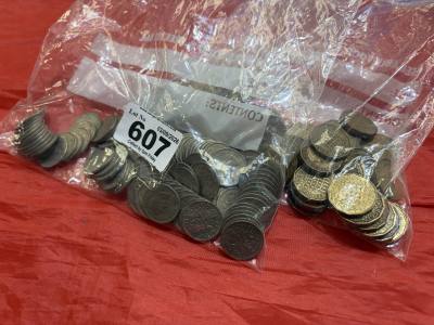 BAG OF OLD THREE PENCE COINS, 1 BAG OF SIXPENCE COINS