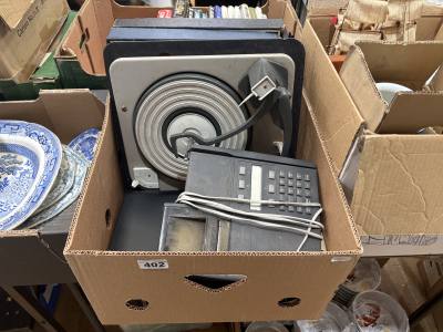 BOX LOT WITH TURNTABLE + PHONE ETC
